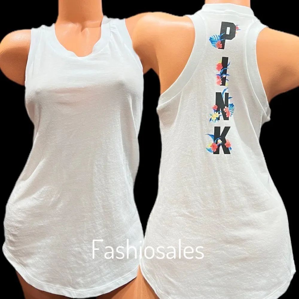 Victoria’s Secret Pink Floral Logo Racerback White tank top Xsmall